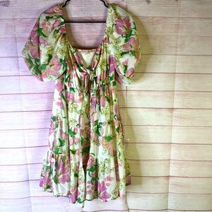 Lovecolette Floral Puff‎ Sleeve Smock Back Front Tie Dress Size Large